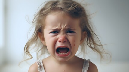 Close-up portrait of crying white girl toddler against white background with space for text, AI generated