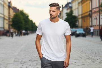 White blank t shirt mock up. Men street background
