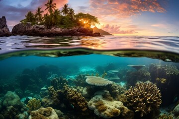 Fototapeta na wymiar Sunset splendor meets underwater marvel in a split-view image of a coral reef.