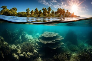 Sunset splendor meets underwater marvel in a split-view image of a coral reef.