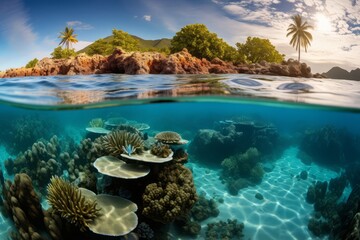 Fototapeta premium Sunset splendor meets underwater marvel in a split-view image of a coral reef.