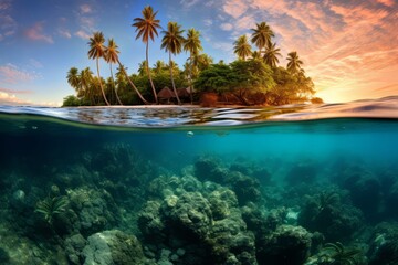 Fototapeta na wymiar Sunset splendor meets underwater marvel in a split-view image of a coral reef.
