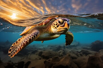 Fototapeta premium Sunset splendor meets underwater marvel in a split-view image of a coral reef.