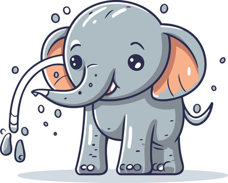 Cute little elephant with drops of water vector cartoon illustration
