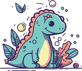 Cute cartoon dinosaur with flowers and leaves colorful vector illustration