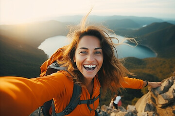Happy smiling girl tourist taking a selfie portrait in the mountains at sunset in summer
