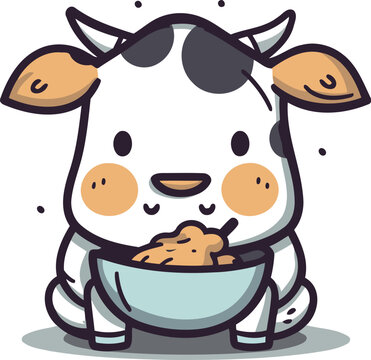 Cute cow eating a bowl of cereal vector cartoon illustration