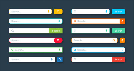 Colorful search bar templates. Internet browser engine with search box, address bar and text field. UI design, website interface element with web icons and push button. Vector illustration
