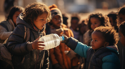 Volunteers distribute plastic bottles of water to refugee children on the hot streets of the refugee camp - obrazy, fototapety, plakaty