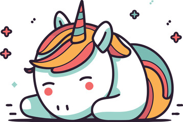 Cute unicorn sleeping on white background vector line art illustration