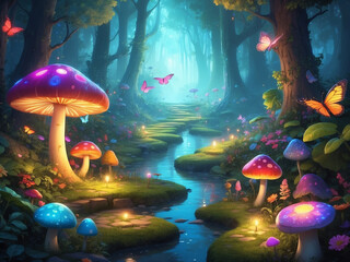 Fototapeta na wymiar magical glowing mashroom forest, fantasy landscape, generative ai
