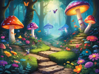 magical glowing mashroom forest, fantasy landscape, generative ai