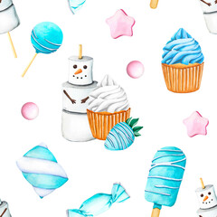 Seamless pattern with cupcake white cream, strawberry with glaze blue chocolate. Sweet summer dessert, popsicle, muffin, ice cream cone and marshmallow snowman. Watercolor illustration for postcards, 
