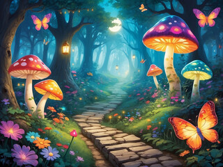 Obraz na płótnie Canvas magical glowing mashroom forest, fantasy landscape, generative ai