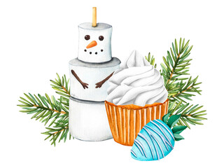 Cupcake with white cream, snowman marshmallow and strawberry with glaze blue chocolate on fir tree branches background. Winter watercolor illustration of a winter dessert for design