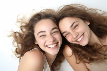 Fototapeta na wymiar Close-Up Photo of Two Young Girls Against a White Background, Sporting Bright Smiles and Laughter, Radiating Joyful Energy