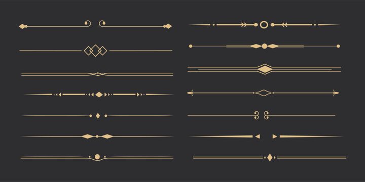 Text devider set, gold line minimal separators, elegant doodlle borders, decorative elements isolated on dark background.