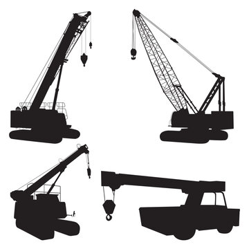 Collection of crane construction vehicle silhouettes. Heavy construction and industrial vehicles