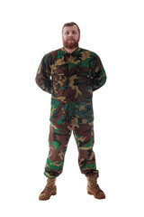 man in camouflage Russian military adviser in modern times on a white background in studio