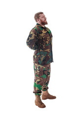 man in camouflage Russian military adviser in modern times on a white background in studio