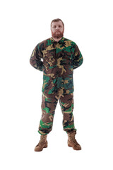 man in camouflage Russian military adviser in modern times on a white background in studio