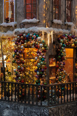 New Year's decorations, toys and garlands in fabulous settings.