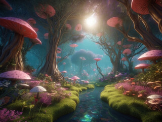 magical glowing mashroom forest, fantasy landscape, generative ai
