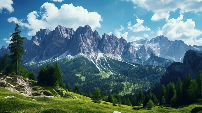 Tranquil Mountain Landscape with Pine Trees and Blue Sky