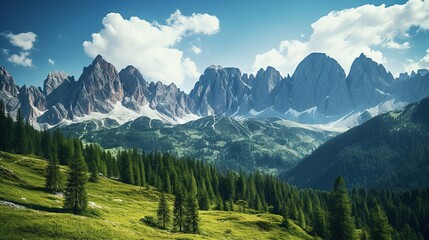 Tranquil Mountain Landscape with Green Forest and Clear Blue Sky