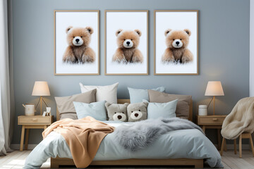 Mockup poster frame in children's bedroom interior, 3d render. ia generative