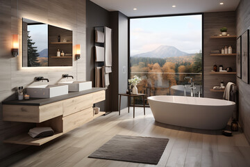 Fototapeta na wymiar Interior of modern bathroom with wooden walls, tiled floor, comfortable bathtub and panoramic window with mountain view. 3d render. ia generative