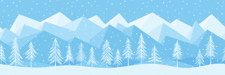 Winter landscape, snowy mountains and forest, snowfall, seamless border