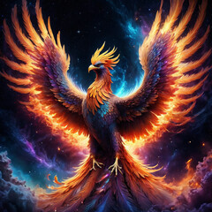 a phoenix rising from vibrant ashes, with iridescent feathers catching the light against a cosmic. ai generative