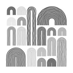 Mid century arch elements, modern geometric shapes. Contemporary design, minimalist art. Hand drawn lines. Trendy design elements for wall decor, posters, books and covers. Vector illustration