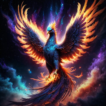 a phoenix rising from vibrant ashes, with iridescent feathers catching the light against a cosmic. ai generative