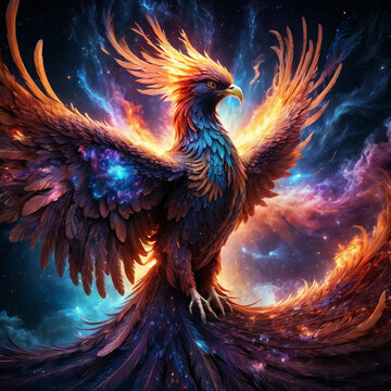 a phoenix rising from vibrant ashes, with iridescent feathers catching the light against a cosmic. ai generative