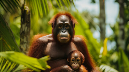 Mother orangutan (orang-utan) with funny cute baby on hers neck in theirs natural. generative ai