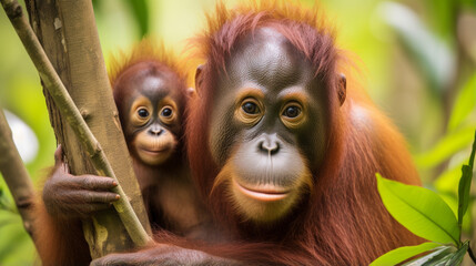 Mother orangutan (orang-utan) with funny cute baby on hers neck in theirs natural. generative ai - obrazy, fototapety, plakaty