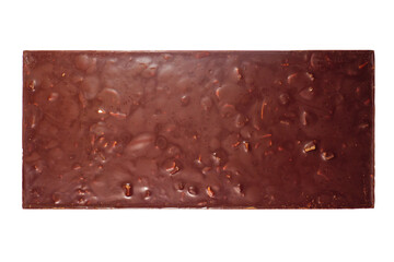 Bar of dark chocolate with nuts, back view horizontal studio shot isolated on white background