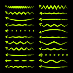 Grunge hand drawn arrows, highlighter lines. Marker stroke, brush pen drawn underline. Handwritten text pointers, notes, marks. Vector illustration