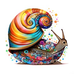 Colorful snail mandala art on white background.