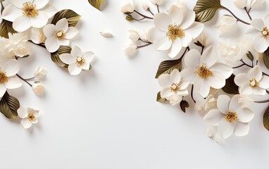 White blossom flowers at the white background for design.