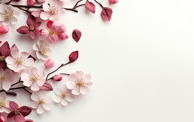Pink cherry blossom in spring at the white background for design.