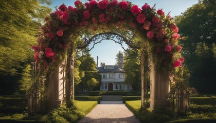 Wedding backdrop, eXtravagant floral arch gate backdrop in English Garden, front view, traditional English house in the background, wide angle, photography backdrop,  maternity backdrop, path, doorway