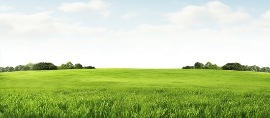 Fototapeta na wymiar A Lush green field with tree and blue sky landscape. AI generated image