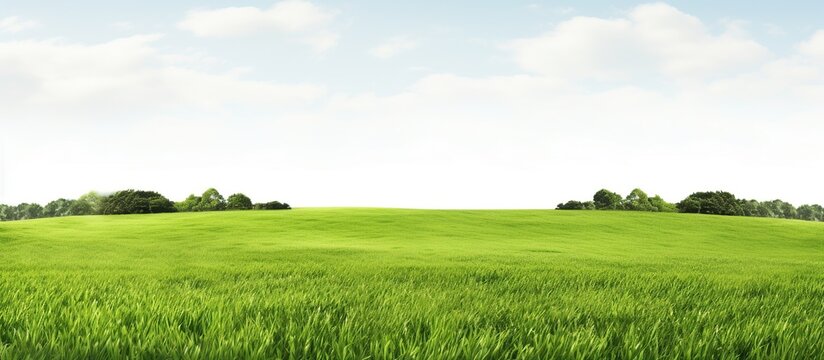 A Lush green field with tree and blue sky landscape. AI generated image