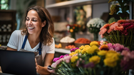 Smiling woman florist is using a laptop in a flower shop with a vibrant display of colorful flowers in the foreground.