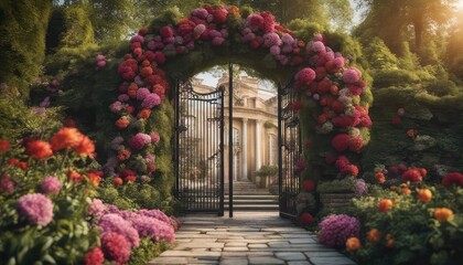 Wedding backdrop, eXtravagant floral arch gate backdrop in English Garden, front view, traditional English house in the background, wide angle, photography backdrop,  maternity backdrop, path, doorway