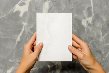 Blank Greeting Card Mockup With Hands Holding The Invitation Card Vertically. Marble Background. Empty Greeting Card Template