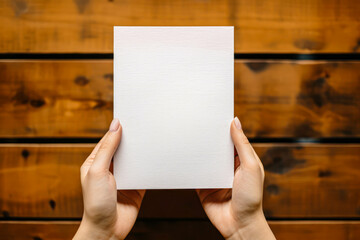 Blank Greeting Card Mockup With Hands Holding The Invitation Card Vertically. Wooden Background With Blurred Effect. Empty Greeting Card Template - obrazy, fototapety, plakaty